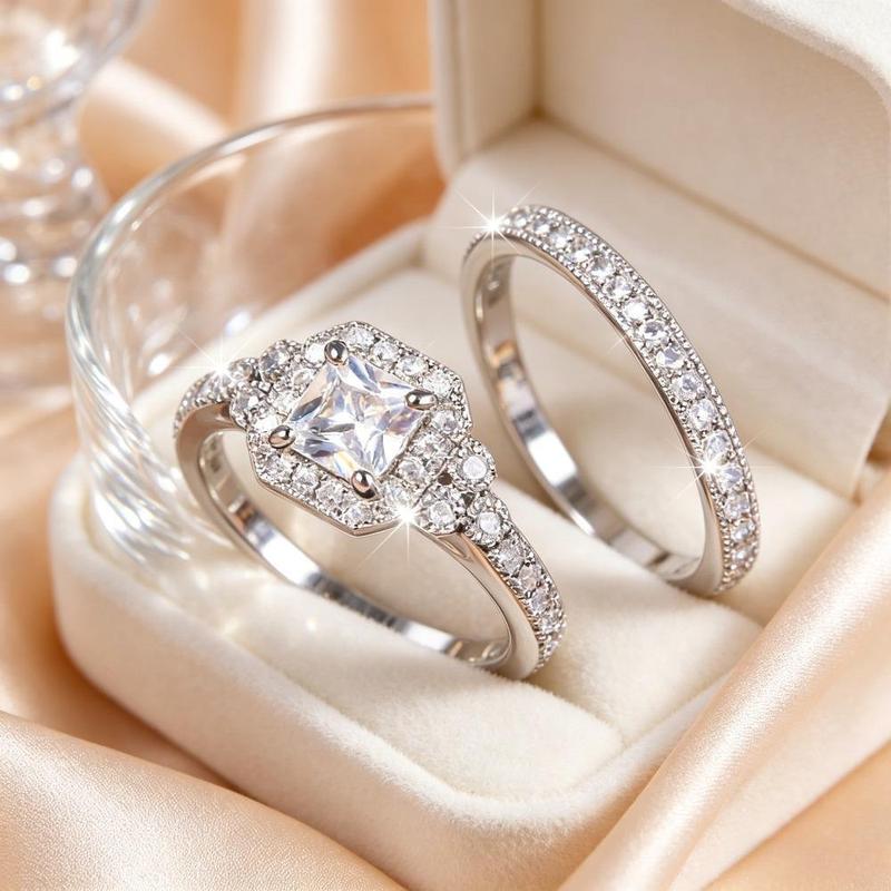 Women's Complete 2-Piece Hypoallergenic Bridal Jewelry Set - Double Halo Princess Cut, Engagement Wedding Band, Ring Stack for Bridal Occasions
