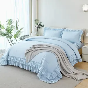 5 count  Ruffle Comforter Sets Light Blue Double-Layer Ruffled Bedding Sets  Farmhouse Bed Sets Solid Elegance Ruched Bed in A Bag for Women(Light Blue )