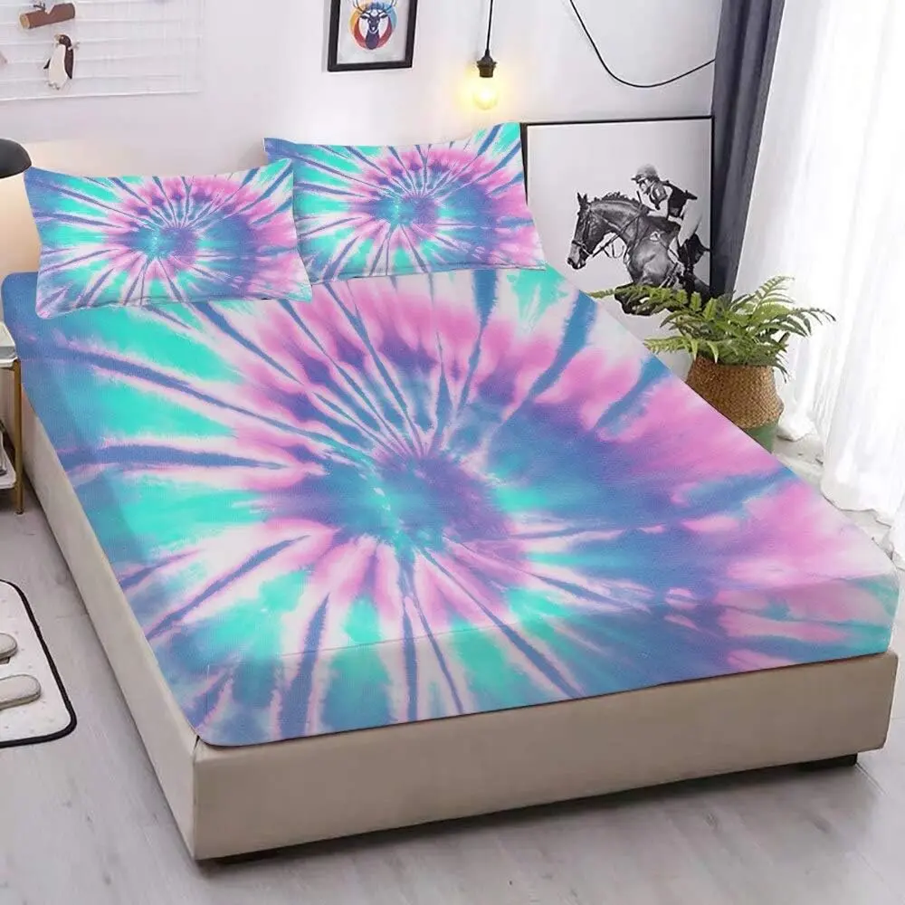 Tie Dye Fitted Sheet Set Girls  Blue Bedding Set 2 count Boho Bed Set Deep Pocket Fitted Sheet with 2 Pillowcases Wrinkle Free Cozy Microfiber Girl Bed Sheets ()
