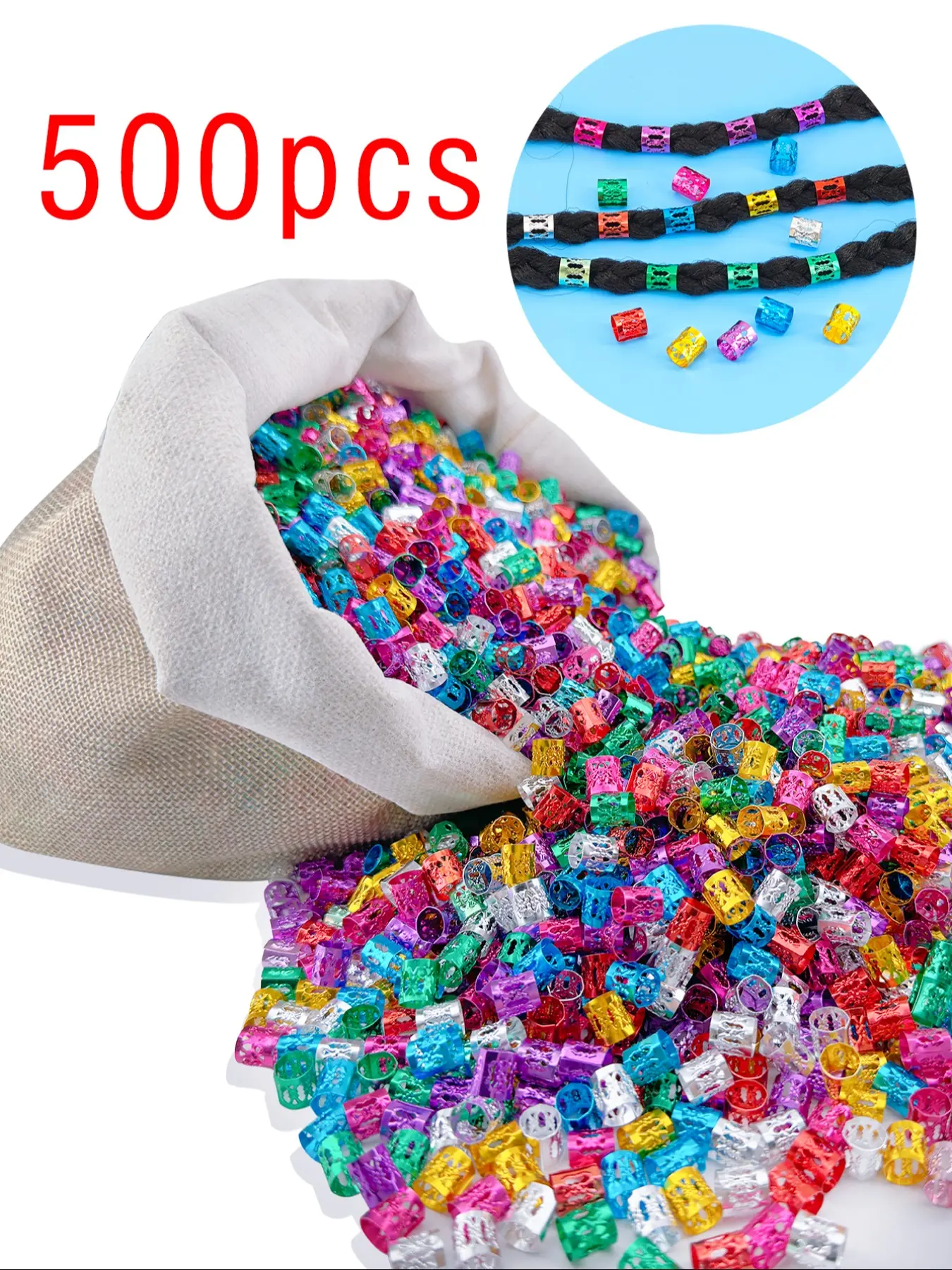 500pcs Multicolor Unique Hair Jewelry Rings for Braids, Dreadlocks Beads, Colorful Aluminum Ring, Adjustable Metal Cuffs for Women and Girls, Geometric Patterns