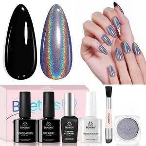 Beetles All-In-One Chrome Nail Powder Kit, Silver Holographic Chrome Nail Powder with 7.5ML Black Color Gel Nail Polish, Base & Top Coat, Peel-Off Latex Tape & Silicone Nail Brush, Chrome Nail Set for DIY Nail Art, Perfect Gift for Women