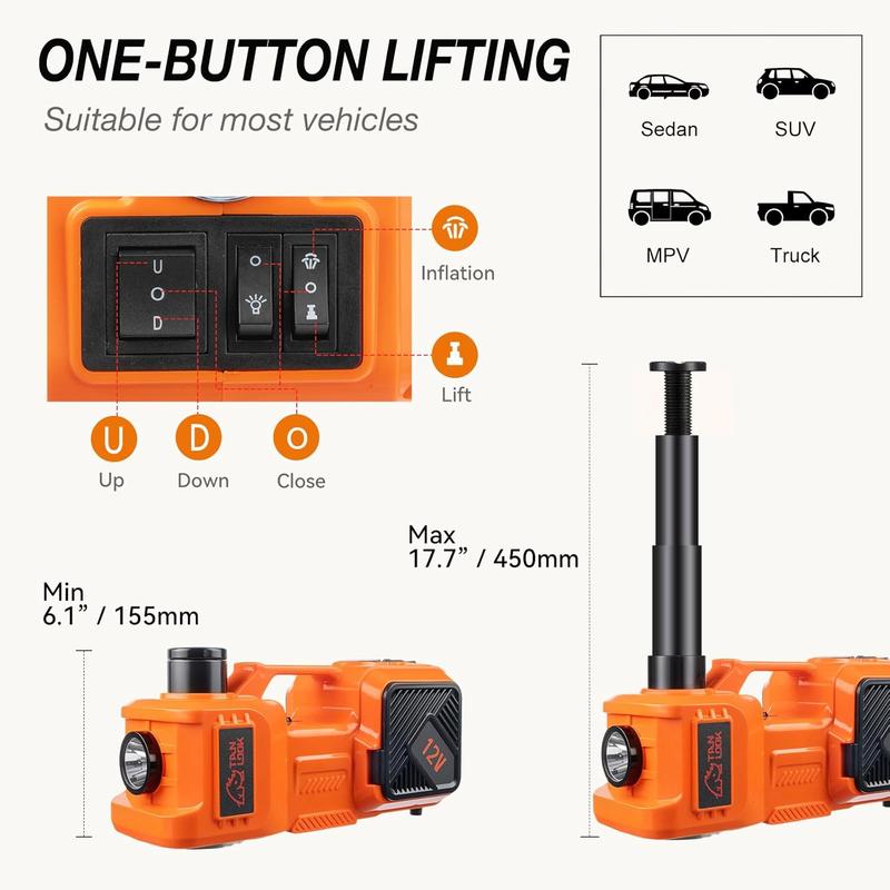 Electric Car Jack Kit with Hydraulic Lift 5-Ton, Tire Inflator Heavy-Duty 12V Floor Jack for Sedans,SUVs,MPVs & Trucks.Ideal for Tire Changes & Garage Repairs