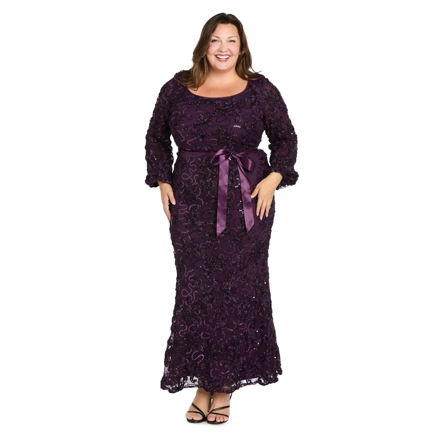 3D Floral V-Neck Evening Gown with Balloon Sleeves and Satin Waist Bow - Plus