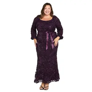 3D Floral V-Neck Evening Gown with Balloon Sleeves and Satin Waist Bow - Plus