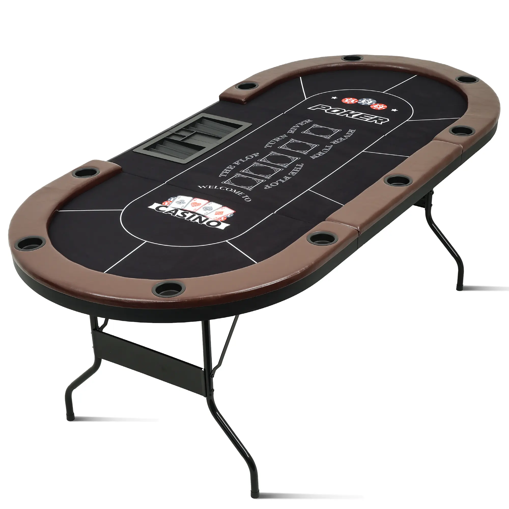 Foldable 9-Player Game Table - Texas Holdem & Blackjack Table with Black Metal Legs, 9 Cup Holders, Padded Rails & Quick Setup for Family Game Nights