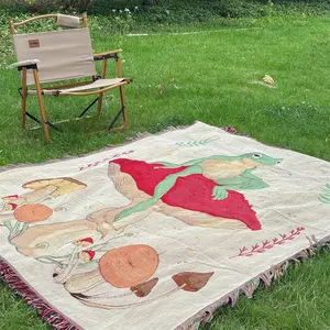Frog & Mushroom Pattern Picnic Blanket, Portable Thickened Tear Resistant Bohemian Style Woven Tassel Throw, Multipurpose Blanket for Bed, Sofa, Beach