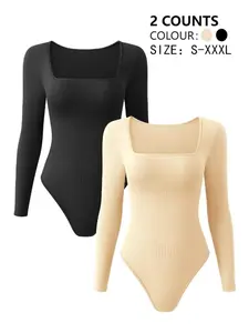 Women's Solid Square Neck Long Sleeve Shapewear Bodysuit, Casual Comfy Button Closure Crotch Tummy Control Butt Lift Shaper, Ladies Shapewear for Daily Wear