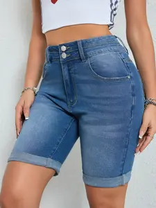 Women's Mid Rise Waist Stretchy Button Denim Causal Bermuda Denim Jean Shorts with Pockets