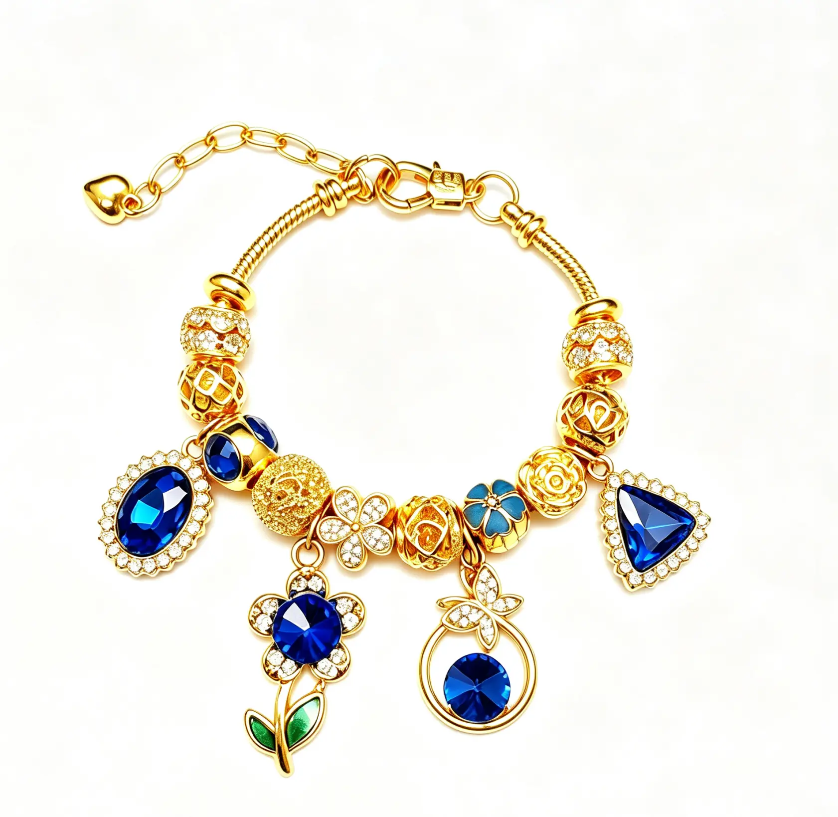 Blue Crystal Flower Charm Bracelet, Gold Tone Adjustable Snake Chain Beaded Bracelet with Gem Pendant, Fashion Jewelry Gift for Women Girls