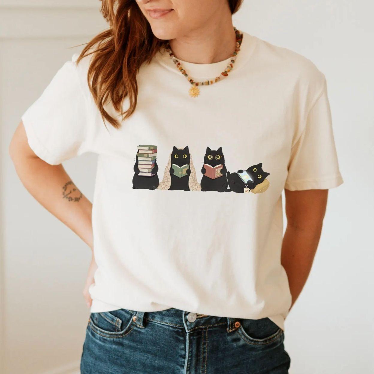 Black Cats Reading T-Shirts, Crewneck Sweatshirts & Pullover Hoodie, Book Lover Cat Sweatshirt, Cozy Reader Gift For Her WERW