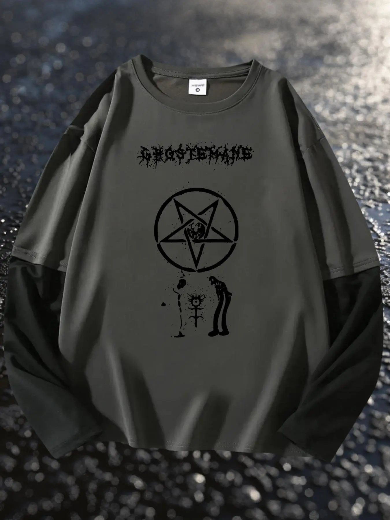 Men's Ghostemane Print Long Sleeve Tee, Casual Comfy Loose Fit T-shirt for Daily Wear, Men's Top for All Seasons, Crewneck