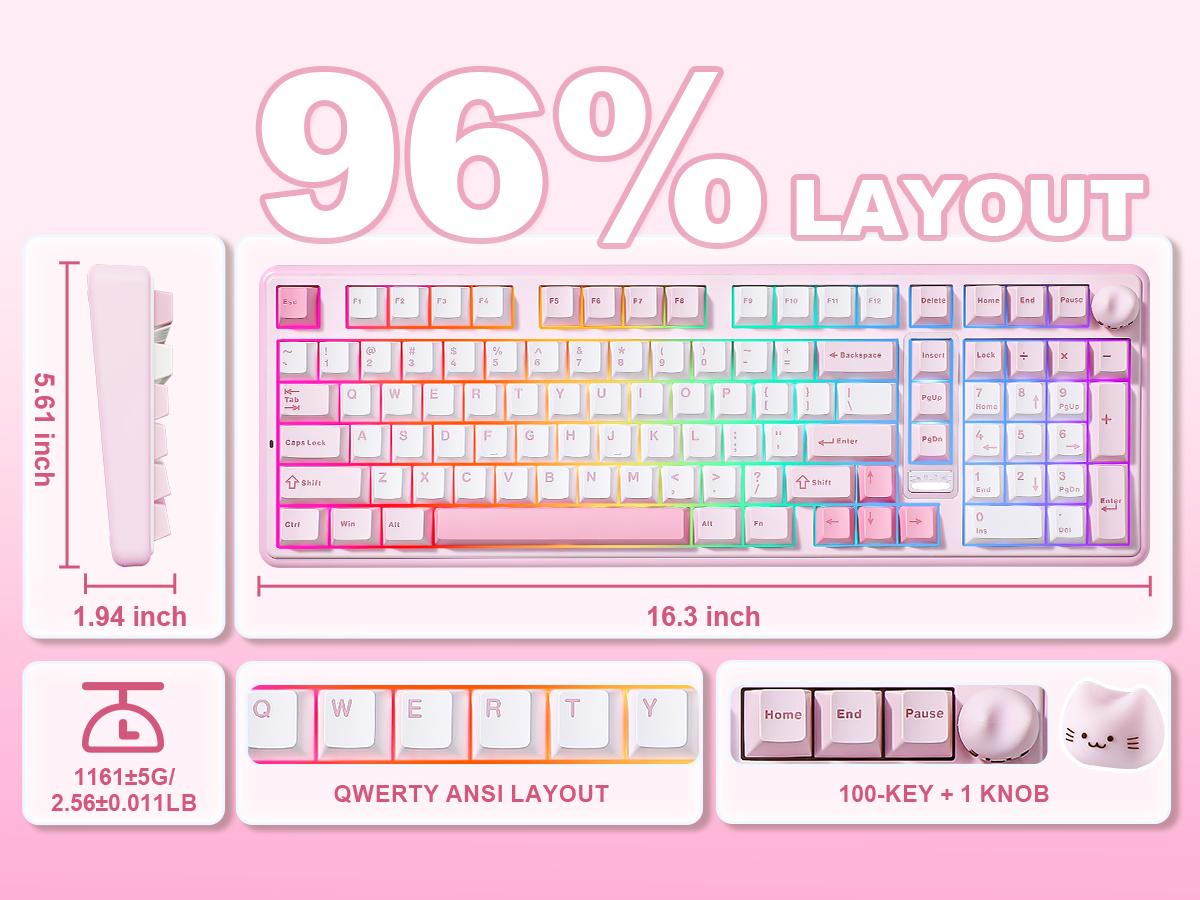 YUNZII B98 PRO Wireless Mechanical Keyboard, QMK/VIA Gaming 96% Layout with Numpad and Cute Cat Knob, BT/2.4G/USB-C, Pre-Lubed Switch Hot Swap Gasket, RGB for Win/Mac