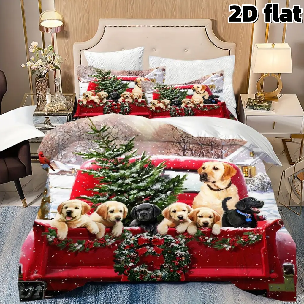 2D Flat 3Pcs Christmas Dog Bedding Red Truck with Labrador Puppies Winter Snow Scene Duvet Cover Soft Microfiber Quilt Cover with Pillowcases Festive Holiday Bedroom Decoration Gift for Dog Lovers Christmas Bedding