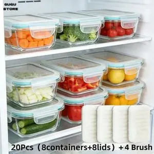 20pcs Sealed Glass Food Storage Containers, (8 Lids+8 Containers+4 Cleaning Pads), 5oz to 35oz Meal Prep Containers, Airtight Bento Boxes with Leak Proof Locking, Ideal for Salads, Fruits, Vegetables, And Sandwiches, Microwave Safe