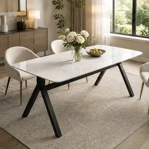 ARCH Rectangular Dining Table with Tempered Glass Marble Pattern Tabletop and Black Metal Legs, Modern Kitchen Table for Dining Room, Restaurant, Home, Easy Assembly, 51.2x27.6x29 Inches, Black/Gold/Tempered Glass Color Options, Color: Black