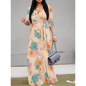 Women's Floral Print Belted Waist Dress, Elegant Cross V Neck Long Sleeve Dress for Party Holiday Wedding Guest, Ladies Clothes for All Seasons