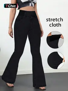 Women's Y2K Style Jeans, High-Waisted Elastic Waist, Flared Leg Design, Light Blue Washed Denim, Casual All-Season Wear, Trendy and Versatile, Pants