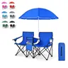 COSTWAY Double Portable Picnic Chairs, Folding Camping Chairs w/Detachable Umbrella, Cooler Bag, Cup Holders, Patio Beach Camping Chairs for Outdoors football baseball season,4th of july decor, dad gift