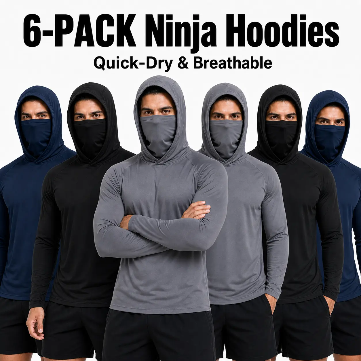 Men's 6-Pack UV Protection Sun-Safe Workwear Hoodie - Built-in Mask & Hood Set, Neck Guard, Breathable Long-Sleeve, Gym Apparel Ready for Yard Work, Hiking & Gym