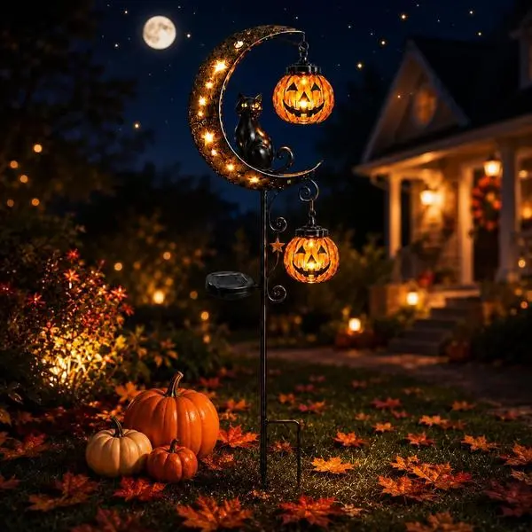 Solar Black Cat Pumpkin Moon Garden Stake Light with 2 Hanging Pumpkin Lanterns, Waterproof LED Outdoor Halloween Decor for Yard, Lawn, Garden and Pathway (Style-B)