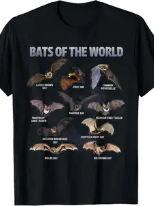 Bats of The World Educational Bat Species Chart T-Shirt| Same Style for Men And Women,  Summer, Short-Sleeved, Printed, Pure 220G, Crew Neck, Slight Stretch, Regular Fit, Perfect for Adults, Vintage Style, Drawing Pattern.