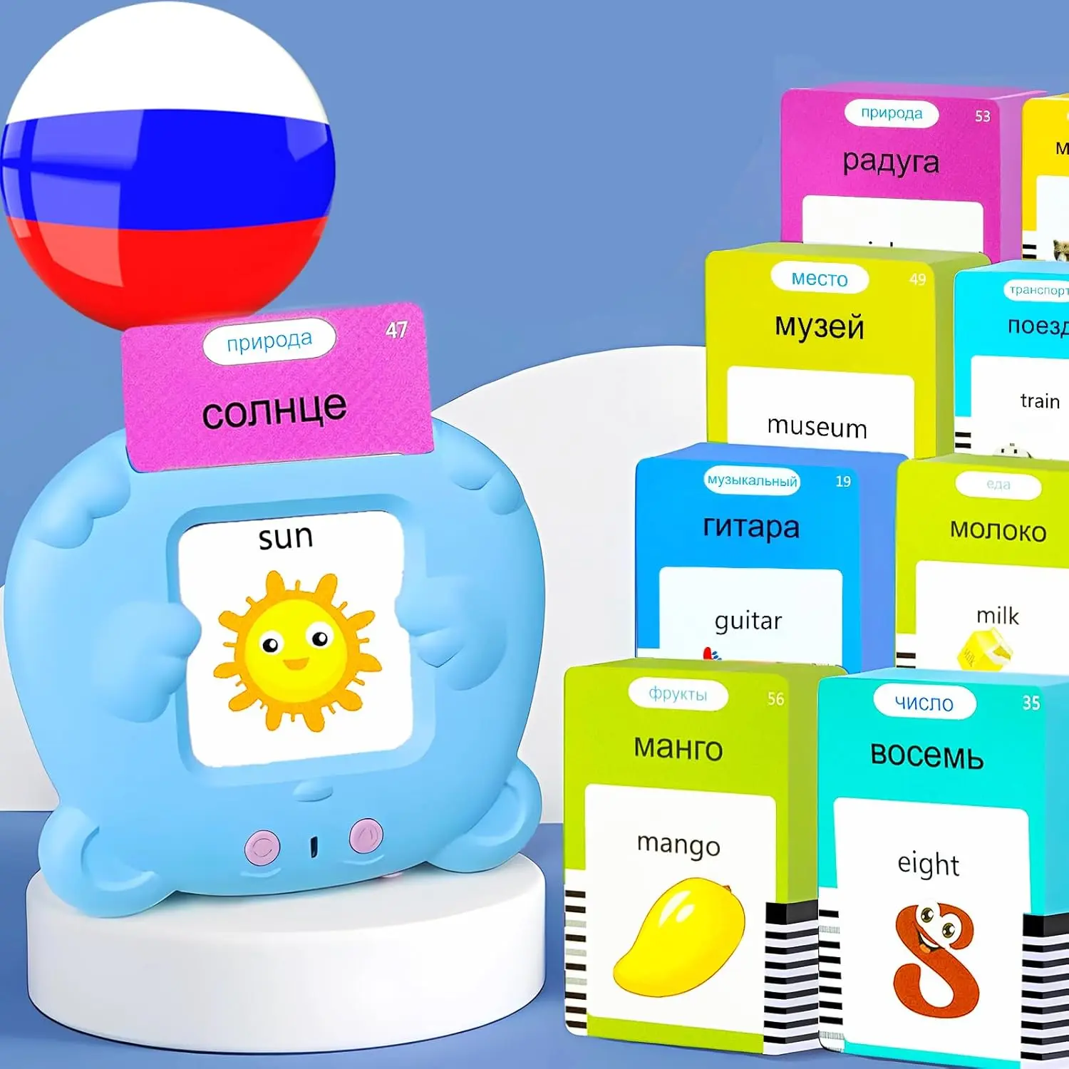 Bilingual English Flash Cards - Russian Talking Flash Cards, 510 Sight Words 31 Themes, Pocket Speech for Toddlers 3-12, Autism Sensory Toys, Preschool Learning Activity (Russian, Blue)