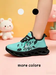 1 Pair Kids Mint Green Mythical Deer Print Blade Sneakers, Oriental Fantasy Style, Ultra-Light Breathable Mesh & Cushioned Sole, Casual Footwear for School & Outdoor Play