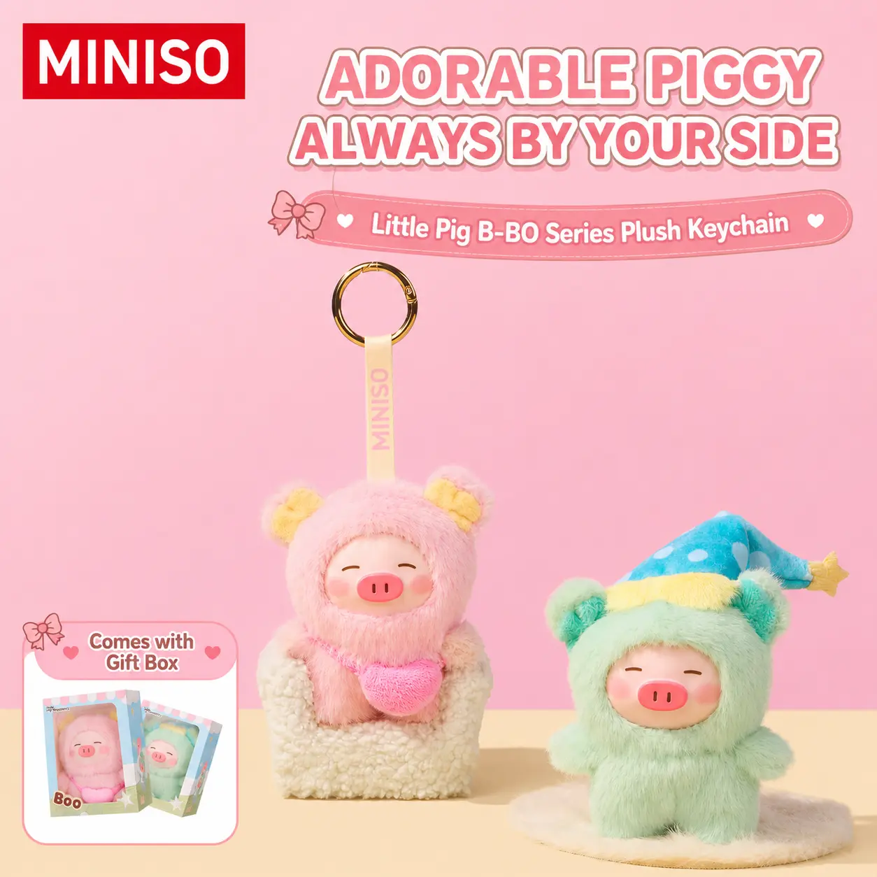 MINISO B-BO Series PVC Plush Piggy Hanging Charm, Kawaii Collectible Toy for Kids & Hobbyists, Collectibles, Back To School, Stuffed Animal Keychain, Soft Keychain, Gift Keychain