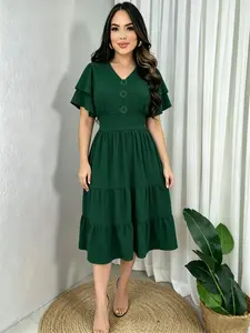 Elegant A-Line V-Neck Fit Midi Dress, Plain Color Layered Ruffle Design, Perfect for Parties, Weddings, Summer Wear, Casual All-Season Style, Womenswear