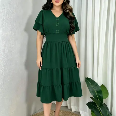 【Black Friday】Elegant Regular Fit V-Neck Midi A-Line Dress, Layered Sleeve & Ruffle Hem Design Summer Dress, Perfect for Parties, Weddings & Daily Casual Summer Wear, Womenswear