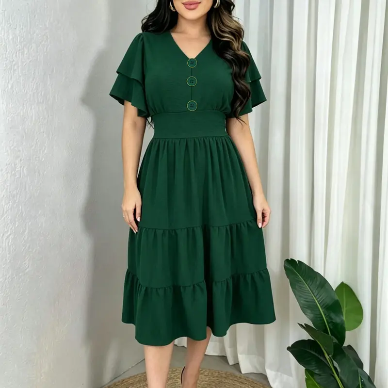 【Black Friday】Elegant Regular Fit V-Neck Midi A-Line Dress, Layered Sleeve & Ruffle Hem Design Summer Dress, Perfect for Parties, Weddings & Daily Casual Summer Wear, Womenswear