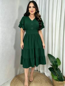 Elegant A-Line V-Neck Midi Dress, Plain Color Layered Ruffle Design, Perfect for Parties, Weddings, Summer Wear, Casual All-Season Style, Womenswear
