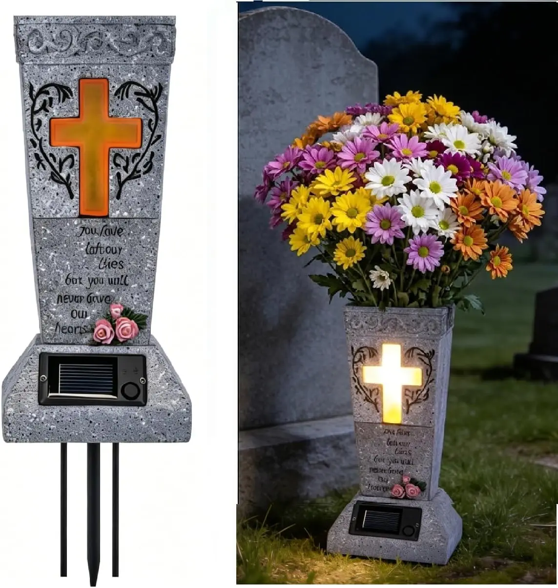 Solar LED Cemetery Vase - Waterproof Decorative Grave Holder with LED Lights, Energy Efficient Outdoor All-Seasons Memorial Vase, Sympathy Gift for Fresh or Artificial Blooms