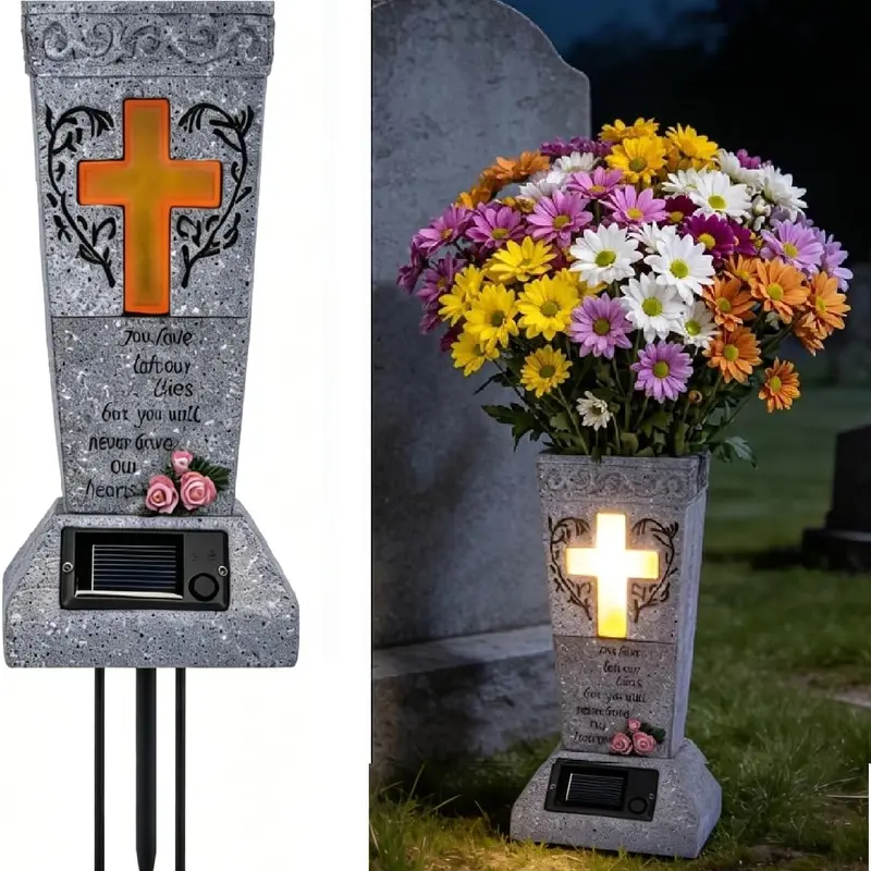 Solar LED Memorial Flower Vase - Waterproof Outdoor Headstone Flower Vase, Eco-Friendly Cross-Stand Artificial Stone Pot, Energy Efficient Gentle Glow Holder, All Seasons Sympathy Gift with Ceramic Accents for Fresh or Faux Blooms
