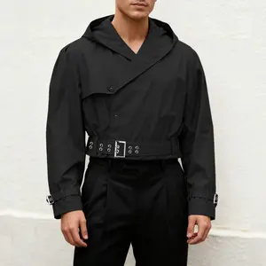 INCERUN Techwear Cropped Hooded Jacket Men's Long Sleeve Belted Irregular Hem Coat