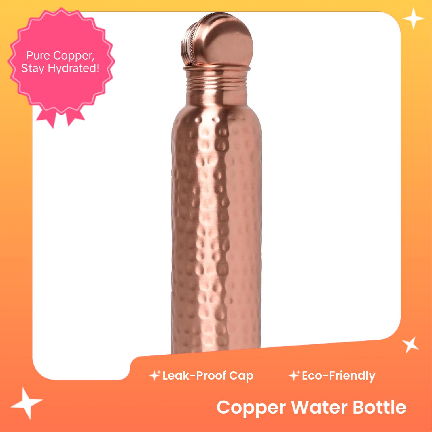 Hammered Copper Water Bottle - 30 Oz Pure Copper Vessel For Drinking Healthy Water
