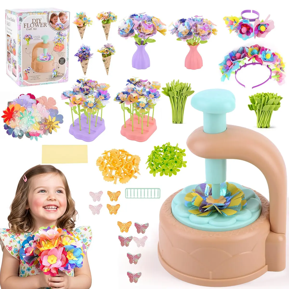 Fabric Flower Bouquets Toys, DIY Craft Kits Toys for Kids - Flowers Market Toy, Build Your Flower Bouquet, Arts & Crafts for 4+ Year Toddler Girl, Educational Activity Preschool B-Day Gifts