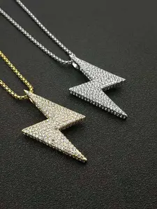 Hip Hop Stainless Steel Jewelry, Titanium Gold Plated Full Diamond Lightning Couple Pendant Necklace, Trendy Fashion Accessory