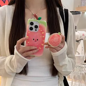 Crystal transparent white light summer fresh three-dimensional leaf small papaya phone case with rocking music stand for iPhone 11 12 13 14 15 16 promax