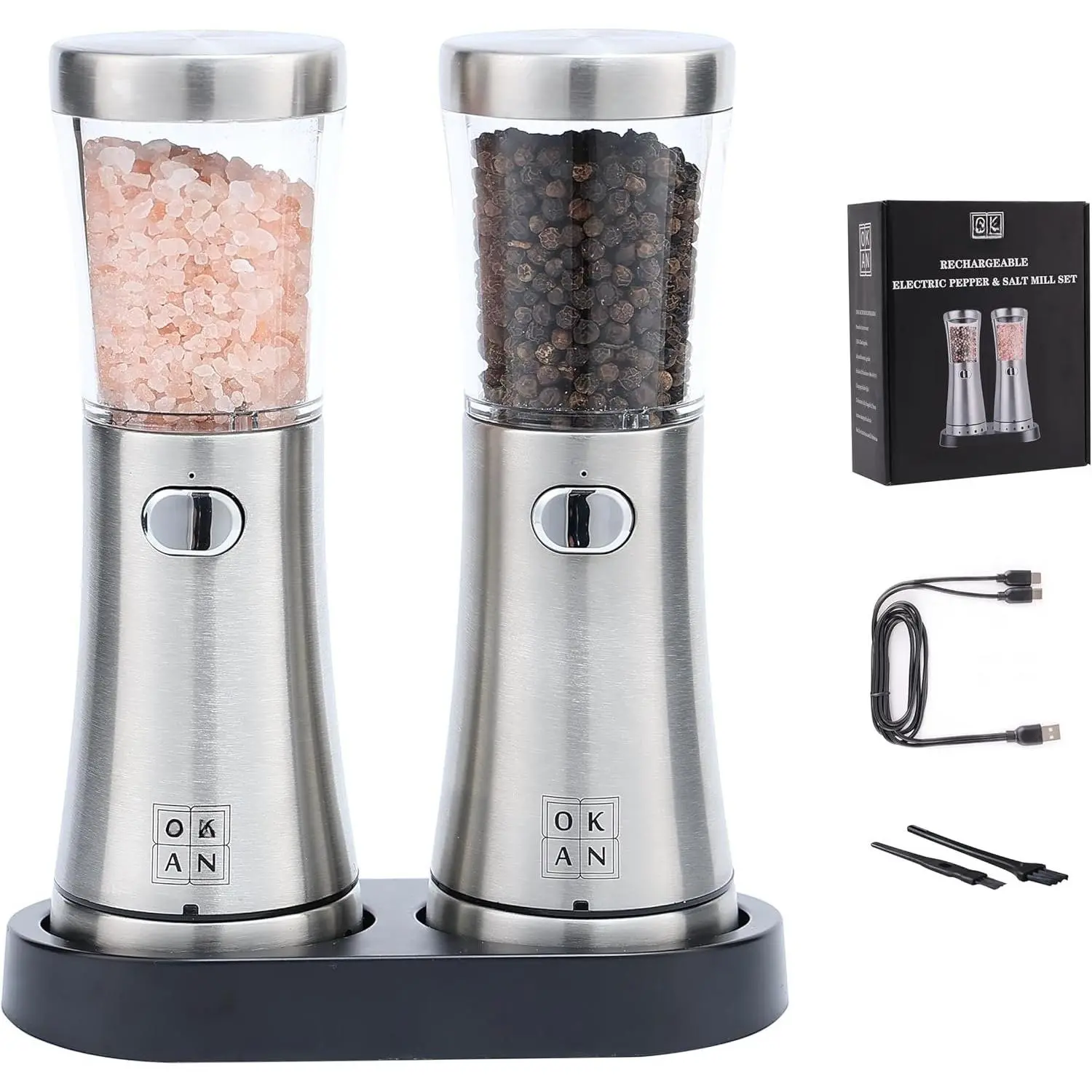 USB Electric Slt & Pepper Grider Set - Dul USB Chrgig Cble, Cermic Burr, LED Light, Push-, 120 ml,  Bx