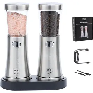 USB Electric Slt & Pepper Grider Set - Dul USB Chrgig Cble, Cermic Burr, LED Light, Push-, 120 ml,  Bx