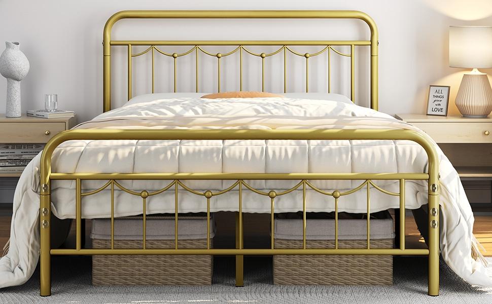 Yaheetech Antique Gold Queen Size Metal Bed Frame with Vintage Headboard Footboard Heavy Duty Steel Slat Support Ample Under Bed Storage No Box Spring Needed - Platform Bedframe