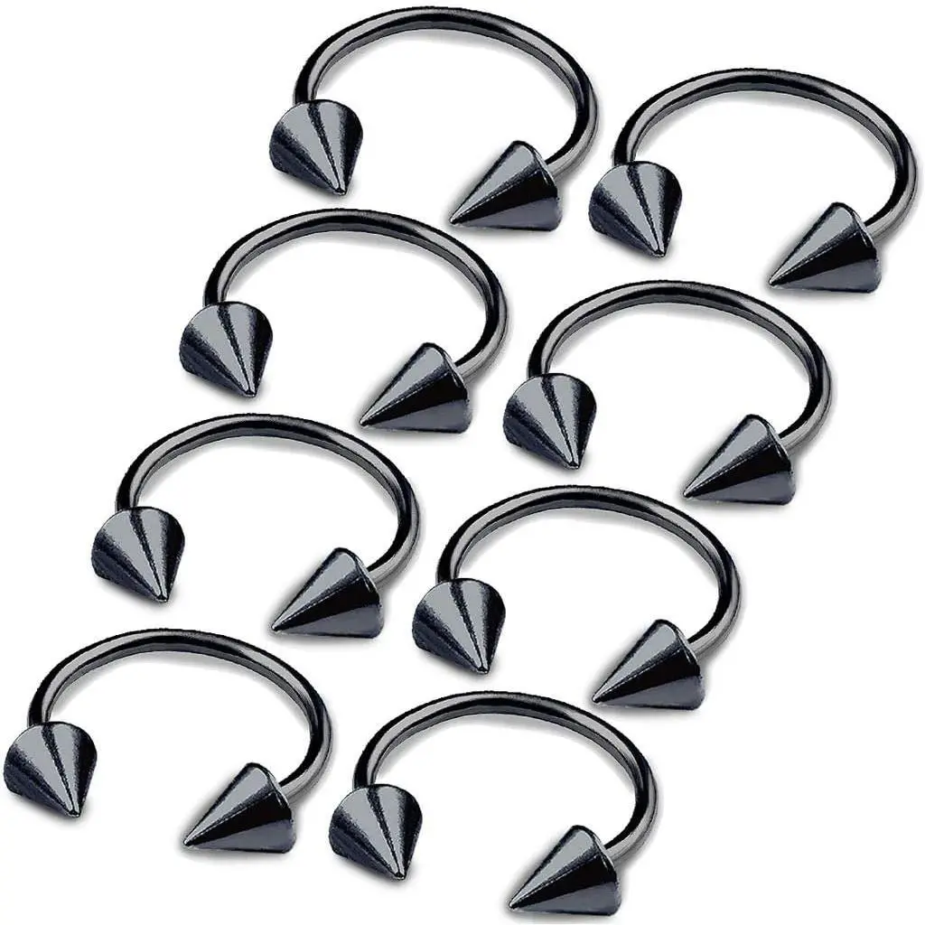 8 count 16g Horseshoe Ring Circular Barbell Cartilage Hoop Septum Nose Lip Eyebrow Spider Bite Tragus Black Spike Ear - 12mm