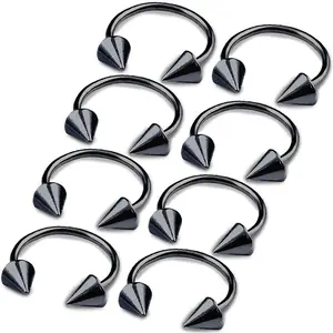 8 count 16g Horseshoe Ring Circular Barbell Cartilage Hoop Septum Nose Lip Eyebrow Spider Bite Tragus Black Spike Ear - 12mm