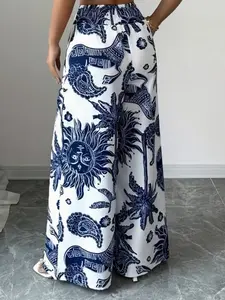 Elegant Bohemian Women's Full Print High Stretch Waist Wide Leg Pants with Pockets, Comfortable and Stylish Bottoms for Daily Wear
