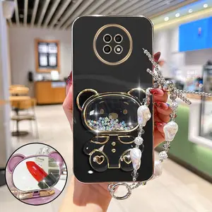 Redmi Note 9T Cute Foldable Portable Little Bear Plating Jewelry Wrist Strap Lanyard Phone Holder Case with Durable Cover Compatible with For Xiaomi Redmi Note 9T
