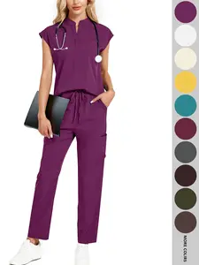 Cimmuovere Women's Solid Notched Neck Batwing Sleeve Top & Drawstring Waist Pants Two-Piece Scrub Set, Casual Cap Sleeve Top & Pocket Trousers for Summer, Vital Scrub Top, Women's Uniforms for Work, Medical Scrub Sets