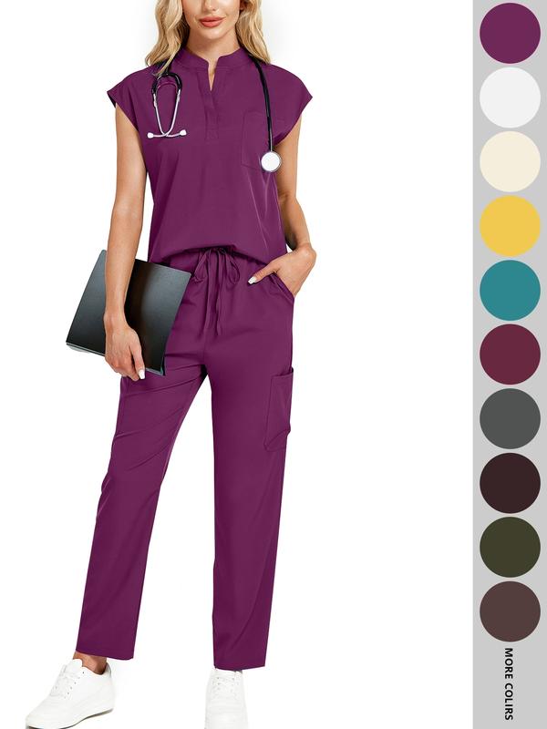 Cimmuovere Women's Solid Notched Neck Batwing Sleeve Top & Drawstring Waist Pants Two-Piece Scrub Set, Casual Cap Sleeve Top & Pocket Trousers for Summer, Vital Scrub Top, Women's Uniforms for Work, Medical Scrub Sets