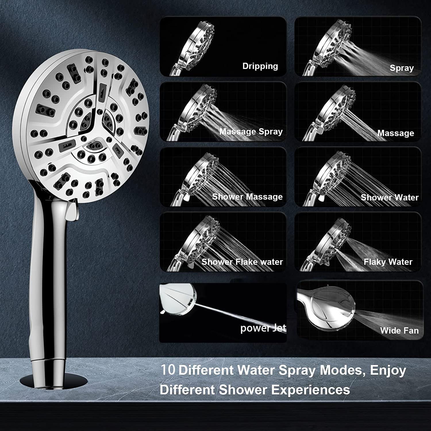 Shower head, 10 functions high-pressure shower head, built-in water quality purification filter core, no clogged nozzles with high-flow handheld, 5-inch shower head, leak-proof, 4.92 feet (approximately 1.5 meters) stainless steel hose and metal bracket