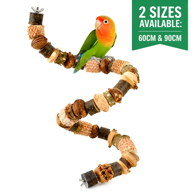 Shapeable Natural Wood Bird Perches for Cage (60cm/90cm) - Bendable Parrot Chew Toy with Corn Cobs, Climbing Rope Stand, Beak Trimming, Stress Reduction for Small-Medium Birds